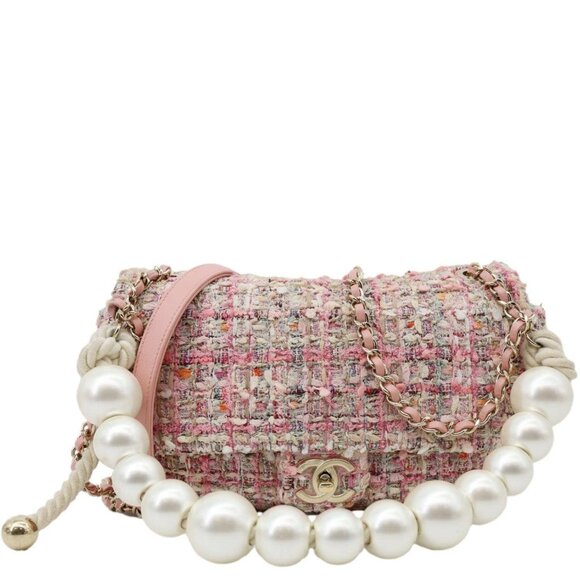Chanel  Pearl Flap Mini Tweed Top Handle Shoulder Bag Pink - Picture 1 of 13